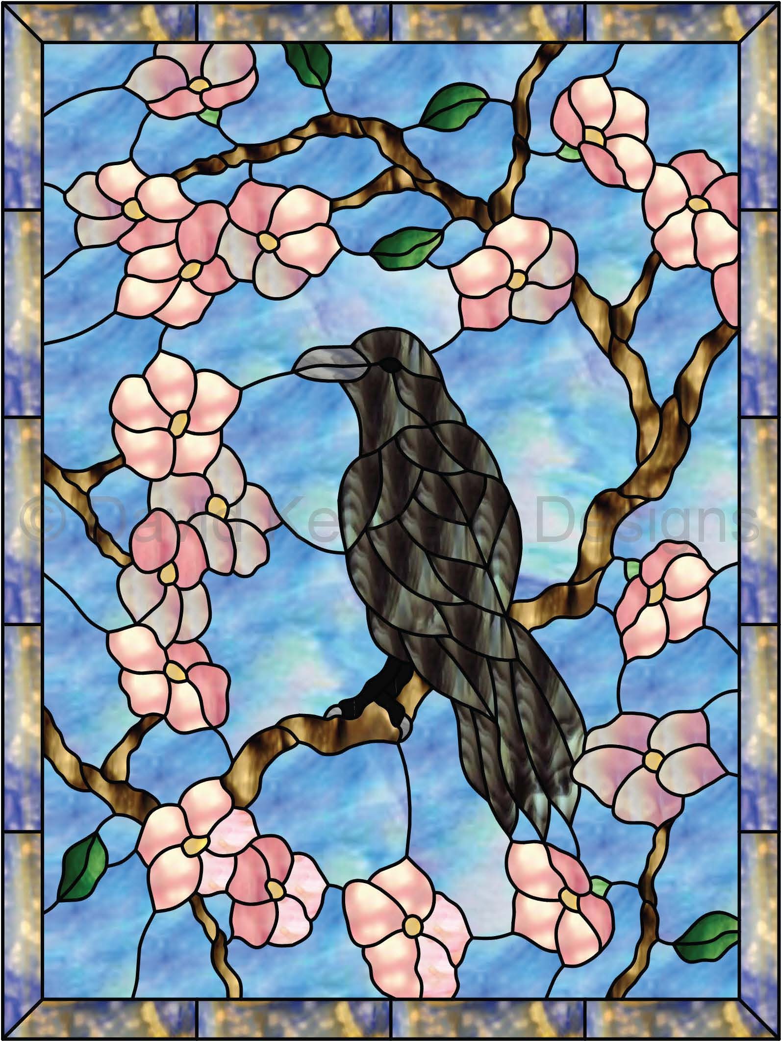 桜とカラスのステンドグラス模様。© David Kennedy Designs。 - Etsy 日本