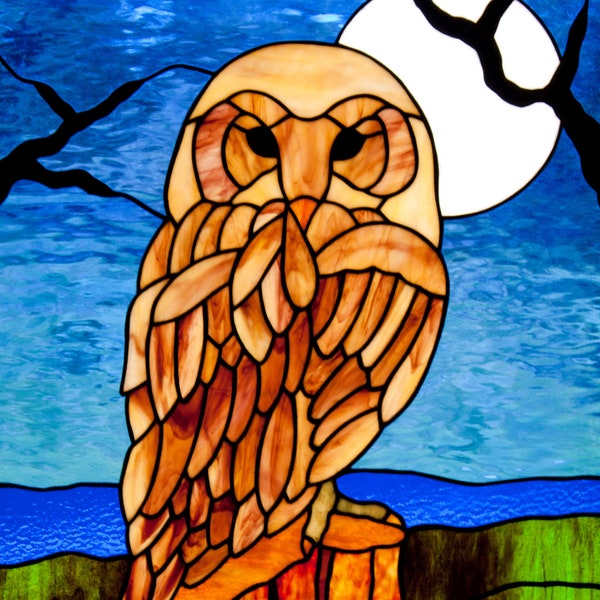 Owl in the Moonlight Stained Glass Pattern.© David Kennedy Designs.