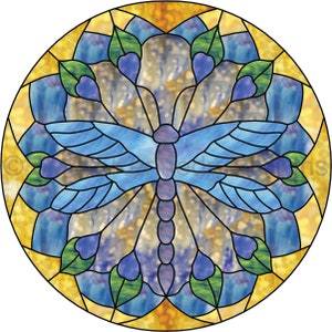 Puede incluir: Un diseño de vitral con una libélula azul con detalles morados, rodeada de hojas amarillas, azules y verdes.