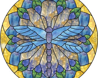 Peacock Dragonfly Mandala Stained Glass Pattern. © David Kennedy Designs