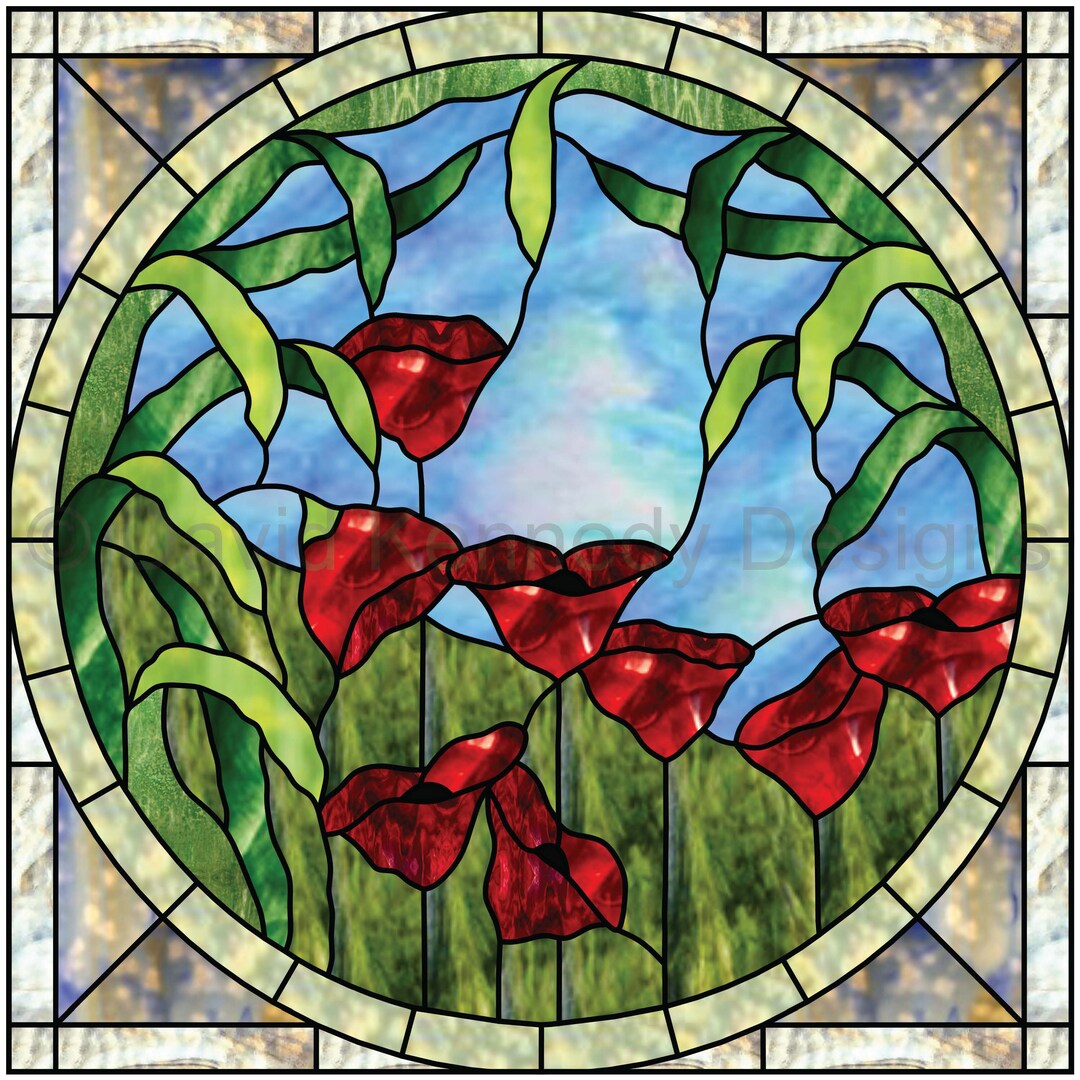 Poppies With Blue Sky Stained Glass Pattern .© David Kennedy Design Etsy