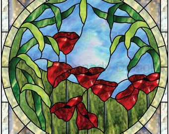 Poppies with Blue Sky Stained Glass Pattern .© David Kennedy Design