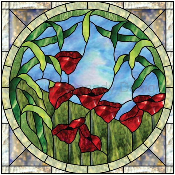 Poppies With Blue Sky Stained Glass Pattern .© David Kennedy Etsy