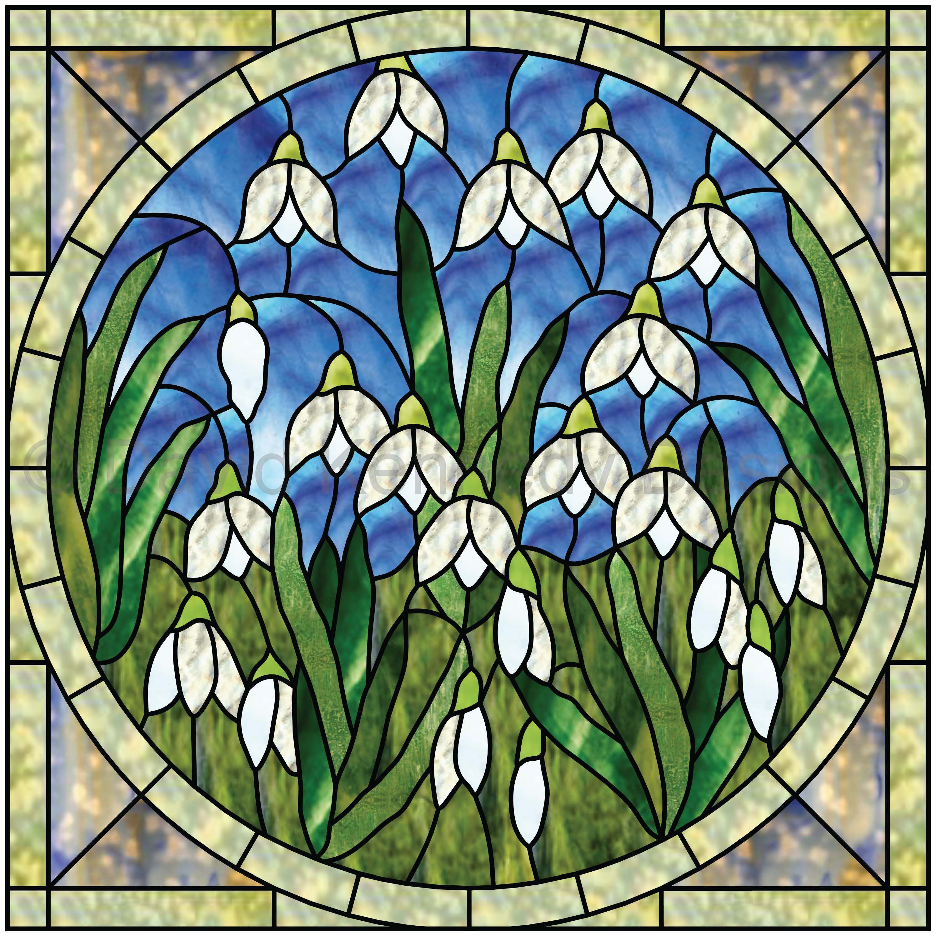 ステンドグラス　お知らせ 円形ステンドグラスの模様に描かれたスノードロップ。© David Kennedy