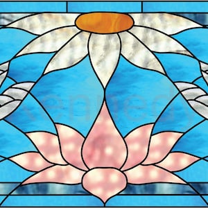 May include: A stained glass window design featuring two dragonflies with blue and purple accents, a pink lotus flower, and white flowers with yellow centres against a blue background.