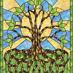 Puede incluir: Un diseño de vitral que presenta un árbol estilizado con hojas verdes y ramas marrones. El árbol se coloca sobre un fondo de vitral azul y amarillo, creando un efecto de sol. Las raíces del árbol están entrelazadas y forman un patrón complejo.
