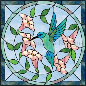 Humming Bird Facing Left Stained Glass Pattern.© David Kennedy Designs.