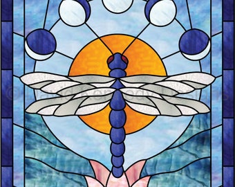 トンボと蓮のステンドグラスのパターン。© David Kennedy Designs