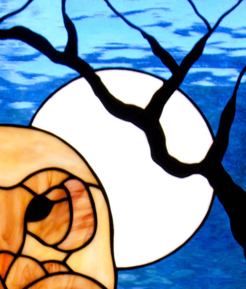 Pu&ograve; includere: Un'opera d'arte in vetro colorato che raffigura un gufo con una grande luna bianca sullo sfondo. L'occhio del gufo &egrave; visibile e la luna &egrave; circondata da un ramo d'albero nero.