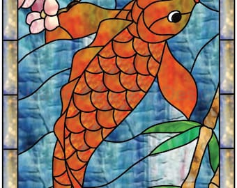 Koi with Bamboo & Cherry Blossom Stained Glass Pattern.© David Kennedy Designs