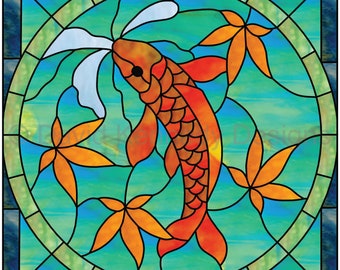 Koi with Maple Leaves Stained Glass Pattern.© David Kennedy Designs.