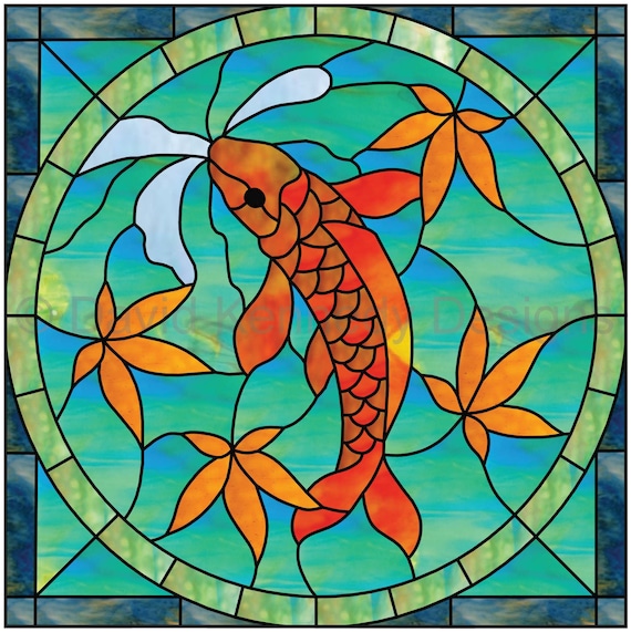 Vintage Hawaiian diamondhead ステンドグラスアート 鯉とカエデの葉のステンドグラスの模様。© David Kennedy Designs
