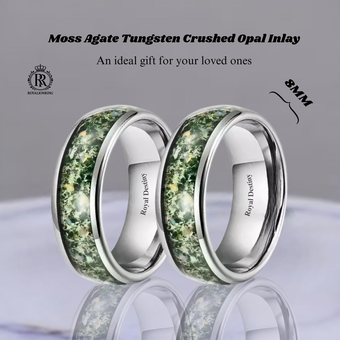 Moss Agate Crushed Opal Inlay - Silver Dome Tungsten Ring - Nature ...