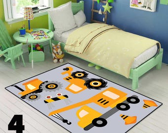 Construction Site Kids Rug - construction machine, Heavy equipment, Nursery Carpet, Personalized name rug, Machine Washable,soft, Custom
