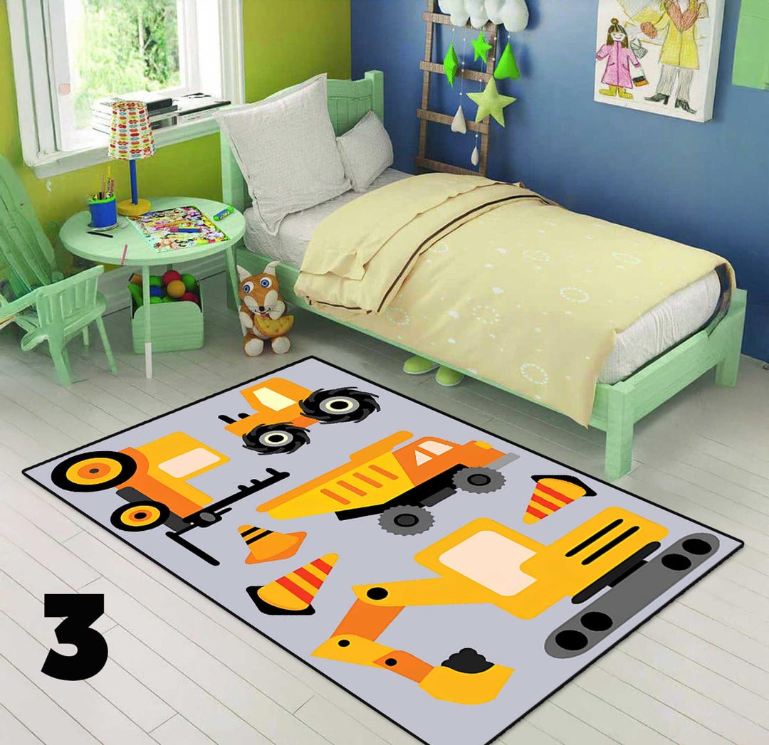 Construction Site Kids Rug - Construction Machine, Heavy Equipment ...
