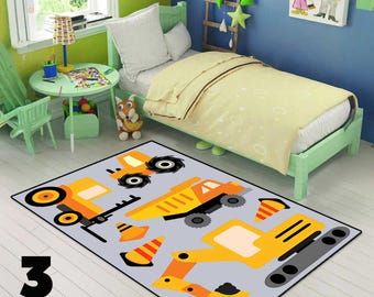 Construction Site Kids Rug - construction machine, Heavy equipment, Nursery Carpet, Personalized name rug, Machine Washable,soft,Custom,gift