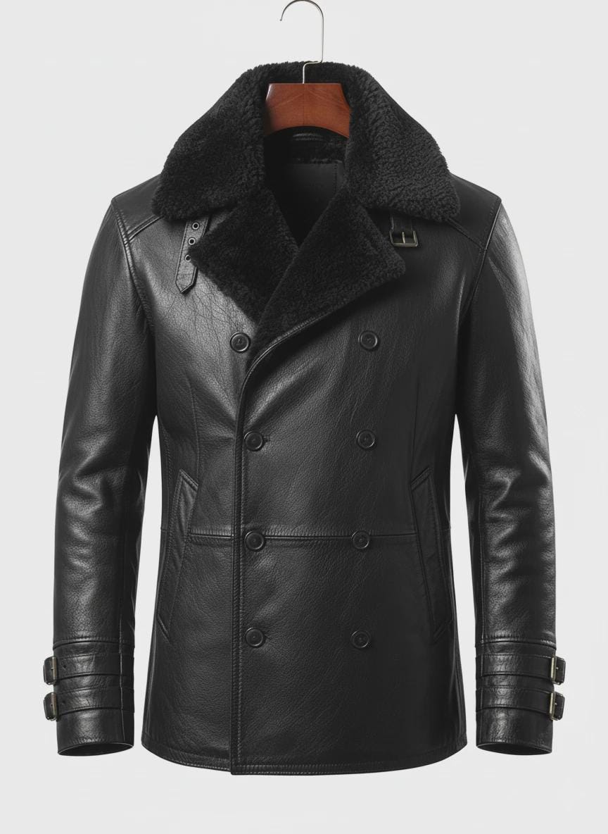 Men's Black Genuine Leather Shearling Jacket Fur Collar Winter