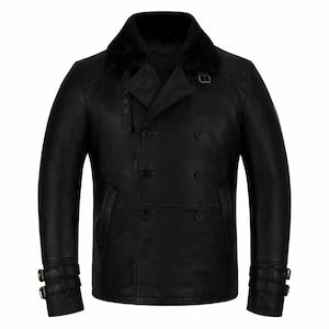 Men's Black Lambskin Leather Peacoat – Double Breasted Shearling Collar Biker Jacket