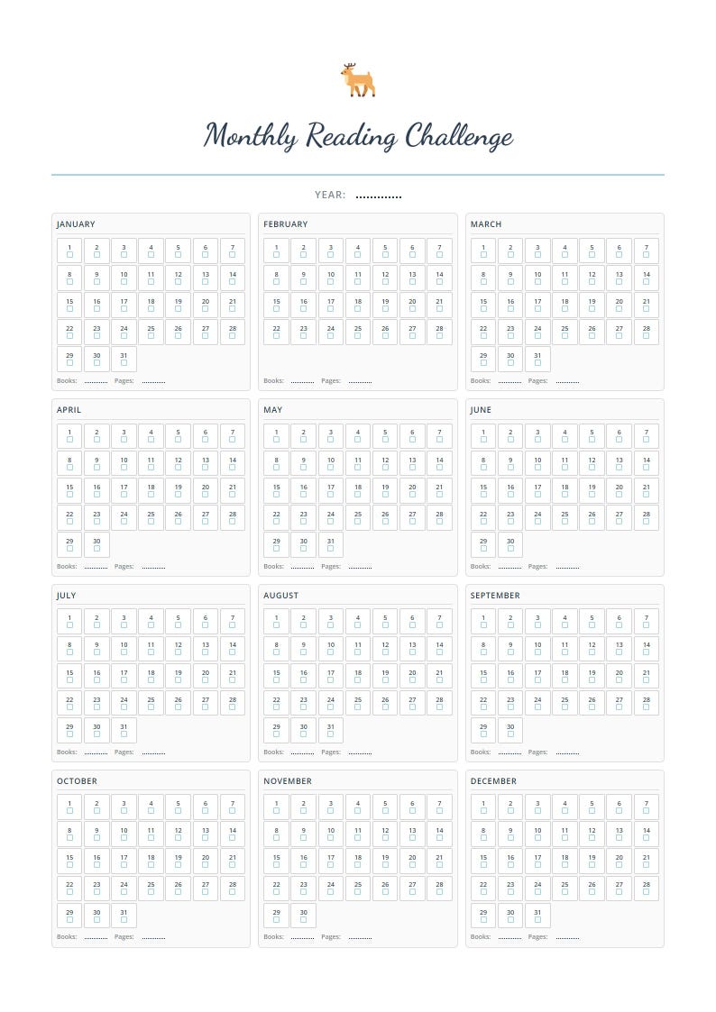 以下が含まれることがあります： 「Monthly Reading Challenge」と書かれた白いカレンダー。鹿のイラストが描かれています。カレンダーには1年間の月が表示され、毎日読んだ本とページ数を記録するスペースがあります。年はカレンダーの上に表示されています。