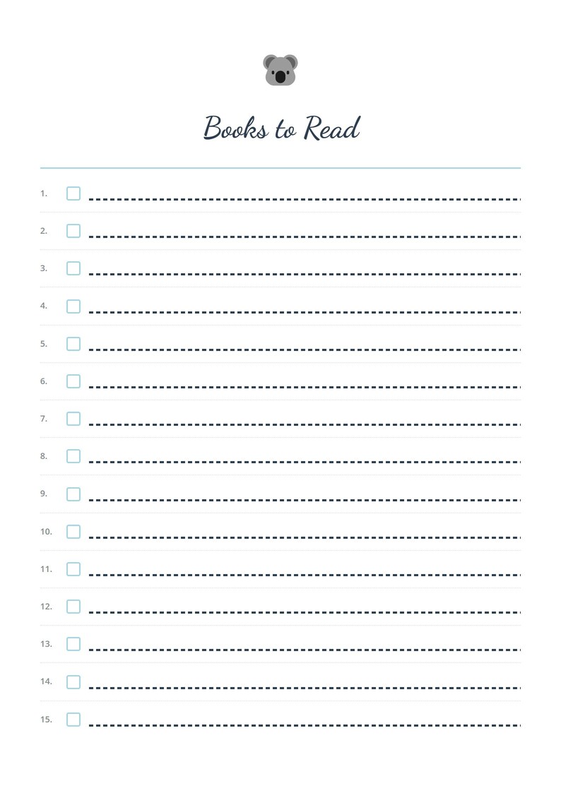 以下が含まれることがあります： 「Books to Read」のテキストとコアラのイラストが上部にある白いリスト。読書進捗を追跡するために設計された、チェックボックス付きの15本の番号付き線があります。線は点線です。