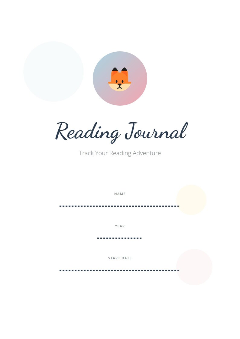 以下が含まれることがあります： 白い読書ジャーナル、キツネのイラスト入り。「Reading Journal」の文字が筆記体で書かれ、「Track Your Reading Adventure」というキャッチフレーズが添えられています。名前、年、開始日のスペースがあります。