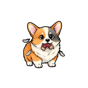 Könnte beinhalten: Cartoon-Illustration eines Corgi-Hundes mit orangefarbenem, weißem und grauem Fell. Der Corgi hält einen Donut im Maul und hat Federn um sich herum. Das Bild ist vor einem weißen Hintergrund.