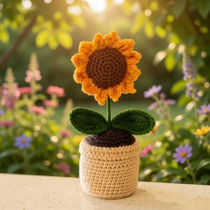 Pode incluir: Um girassol de crochê em um vaso bege. O girassol tem pétalas amarelas e um centro marrom. Folhas e caule verdes sustentam a flor. O vaso é bege e está sobre uma superfície branca, com um fundo de jardim desfocado.