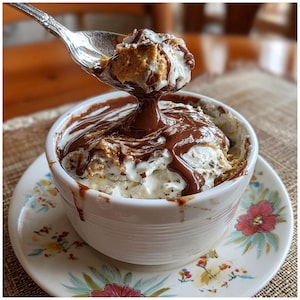 May include: A close-up of a dessert in a white bowl with a floral design on the saucer. The dessert has layers of white cream, a graham cracker-like base, and is drizzled with chocolate sauce. A spoonful of the dessert is being lifted from the bowl.