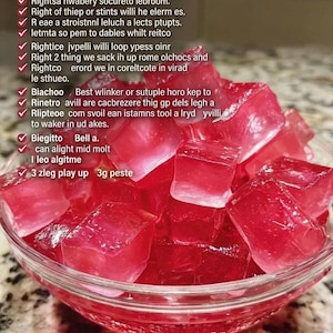 May include: A glass bowl containing red jelly cubes. The image features text including "JELLLO SPEEK HAIR" and mixing instructions. The jelly cubes are a bright red colour and appear translucent.