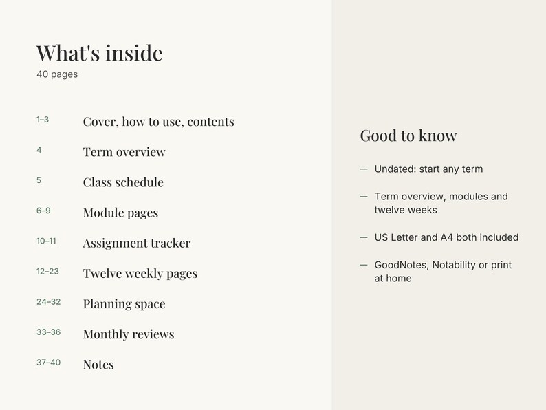 May include: A digital planner page with a light cream background and dark gray text. The left side lists 40 pages including cover, term overview, class schedule, module pages, assignment tracker, weekly pages, planning space, reviews, and notes.