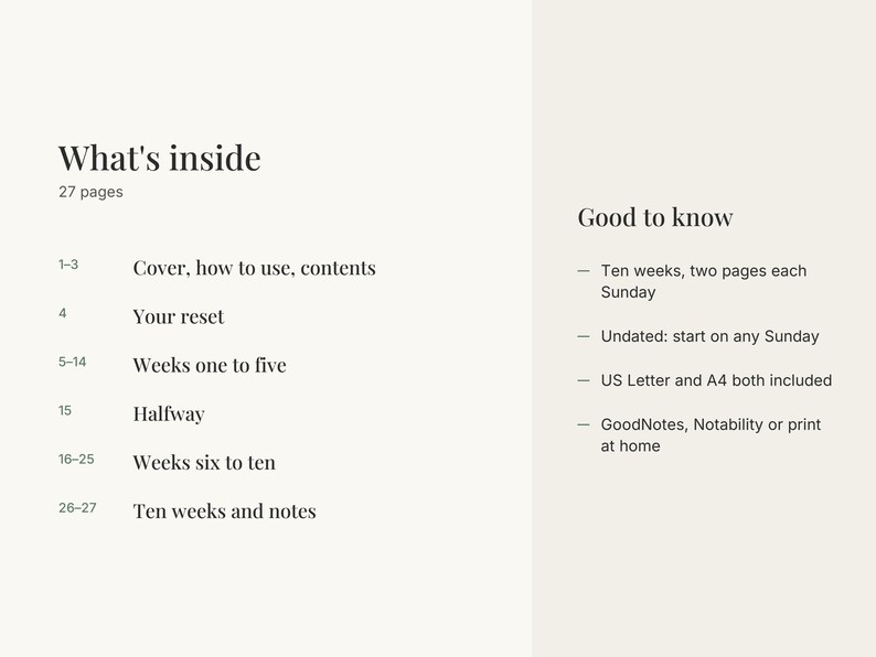 May include: A digital planner page with a light beige background and dark text. The left side lists 27 pages including cover, contents, and weeks one through ten. The right side notes ten weeks, undated format, US Letter and A4 sizes, and compatibility.