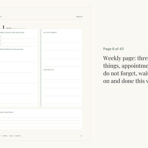 May include: A weekly planner page with a cream background and black text. Sections include Week 1, Three Things For This Week, Appointments & Headlines, Do Not Forget, Waiting On, and Done This Week. The page is labeled Page 6 of 43.