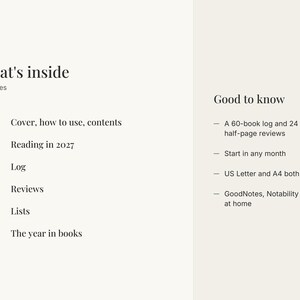 May include: A digital planner page titled What's inside with 30 pages. Sections include 1-3 Cover, how to use, contents, 4 Reading in 2027, 5-9 Log, 10-21 Reviews, 22-28 Lists, 29-30 The year in books. Good to know includes 60-book log, 24 reviews.