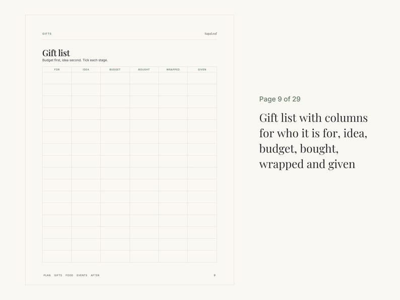 K&ouml;nnte beinhalten: Eine wei&szlig;e Seite mit der &Uuml;berschrift Gift list und dem Untertitel Budget first, idea second. Tick each stage. Sie enth&auml;lt ein Raster mit Spalten f&uuml;r For, Idea, Budget, Bought, Wrapped und Given. Rechts daneben steht der Text Page 9 of 29.