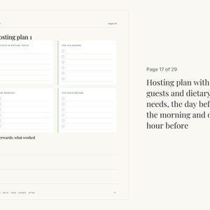 K&ouml;nnte beinhalten: Eine wei&szlig;e Planerseite mit dem Titel Hosting plan 1 und Abschnitten f&uuml;r Guests & dietary needs, The day before, The morning, One hour before sowie Afterwards: what worked. Die Seite enth&auml;lt Kontrollk&auml;stchen und Linien f&uuml;r Notizen.