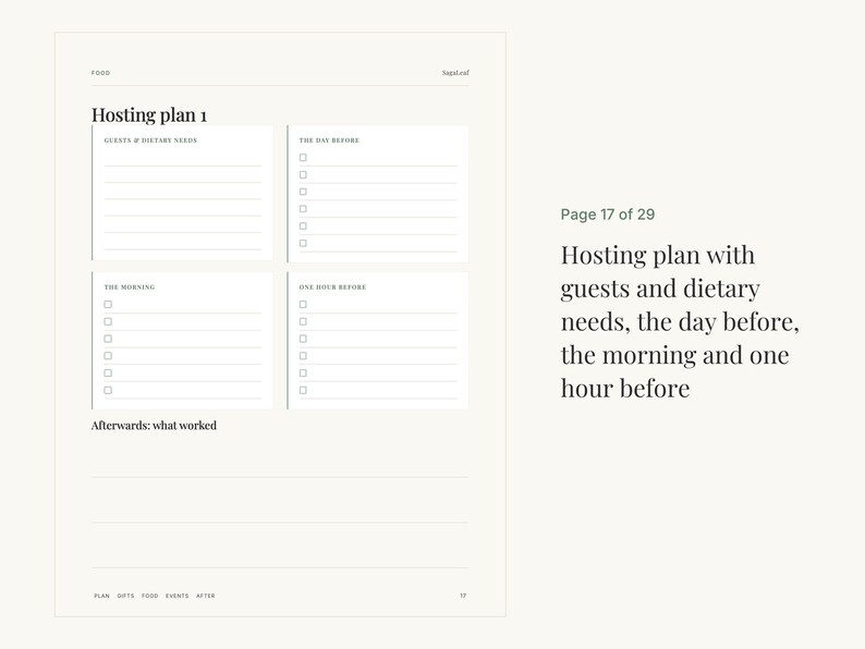 K&ouml;nnte beinhalten: Eine wei&szlig;e Planerseite mit dem Titel Hosting plan 1 und Abschnitten f&uuml;r Guests & dietary needs, The day before, The morning, One hour before sowie Afterwards: what worked. Die Seite enth&auml;lt Kontrollk&auml;stchen und Linien f&uuml;r Notizen.