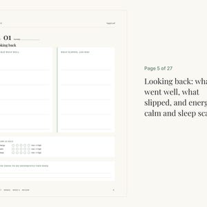 May include: A cream-coloured planner page titled Looking back, featuring sections for What went well and What slipped, and why. Below are scales for Energy, Calm, and Sleep, plus a section for One thing to do differently this week. Page 5 of 27.