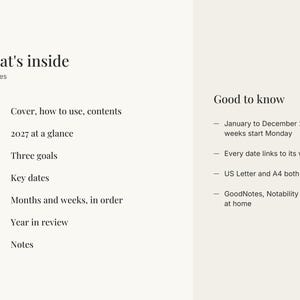 K&ouml;nnte beinhalten: Eine Informationsseite f&uuml;r einen digitalen Planer mit der &Uuml;berschrift What's inside, die 90 Seiten auflistet, darunter Cover, 2027 im &Uuml;berblick, Ziele, wichtige Daten, Monate, Wochen, Jahresr&uuml;ckblick und Notizen. Good to know listet Daten und Formate.