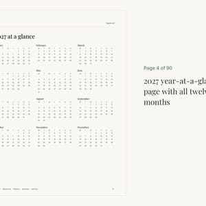 K&ouml;nnte beinhalten: Eine wei&szlig;e Seite mit einem Jahreskalender f&uuml;r 2027, der alle zw&ouml;lf Monate in einem Raster anzeigt. Der Text 2027 at a glance steht oben, gefolgt von den Monatsnamen und den jeweiligen Daten in einer klaren, schwarzen Schrift.