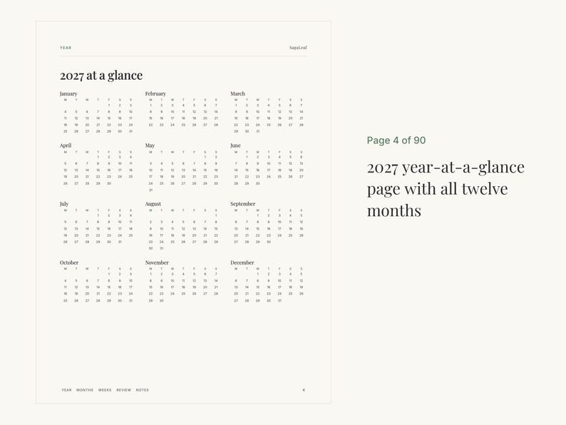 K&ouml;nnte beinhalten: Eine wei&szlig;e Seite mit einem Jahreskalender f&uuml;r 2027, der alle zw&ouml;lf Monate in einem Raster anzeigt. Der Text 2027 at a glance steht oben, gefolgt von den Monatsnamen und den jeweiligen Daten in einer klaren, schwarzen Schrift.