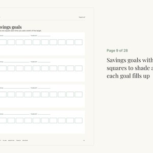 May include: A white page titled Savings goals with four sections for tracking financial progress. Each section includes lines for goal and target, followed by ten empty squares to shade as each tenth of the target is reached. Page 9 of 28.