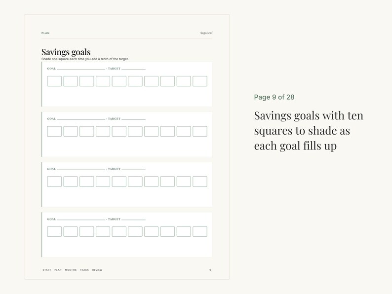 May include: A white page titled Savings goals with four sections for tracking financial progress. Each section includes lines for goal and target, followed by ten empty squares to shade as each tenth of the target is reached. Page 9 of 28.
