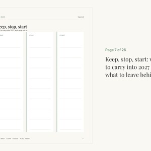 May include: A white planner page titled Keep, stop, start with the subtitle What to carry into 2027, and what not to. The page features three vertical columns labeled Keep, Stop, and Start, each containing eight blank horizontal lines for writing.