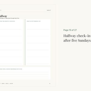 May include: A planner page titled Halfway with the text Five Sundays in. Read back through them first. It includes sections labelled What the rest is changing, What is not working yet, and What I will change for weeks six to ten. Page 15 of 27.