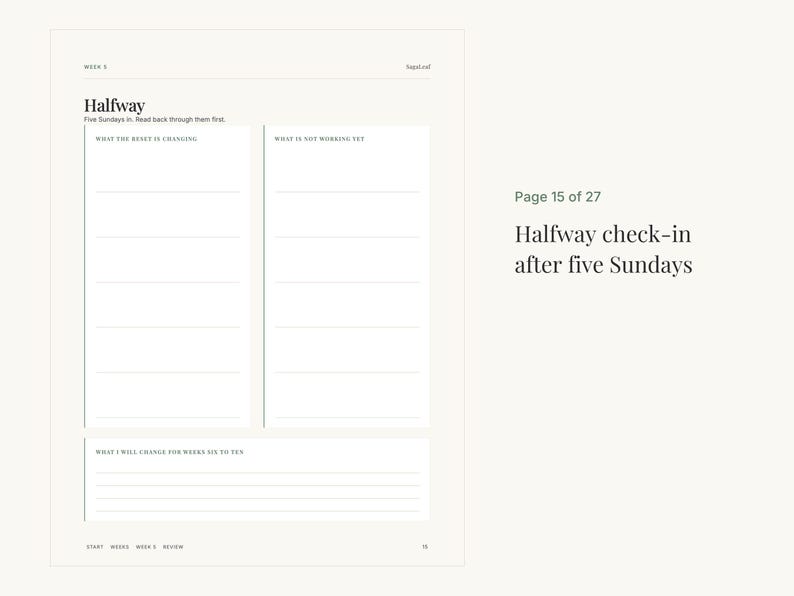 May include: A planner page titled Halfway with the text Five Sundays in. Read back through them first. It includes sections labelled What the rest is changing, What is not working yet, and What I will change for weeks six to ten. Page 15 of 27.