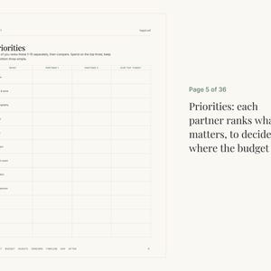 May include: A white planning worksheet titled Priorities with a grid table for ranking items like Venue, Food & Drink, Photography, Music, Attire, Flowers, Guest count, Location, and Honeymoon. The page includes instructions and footer text.