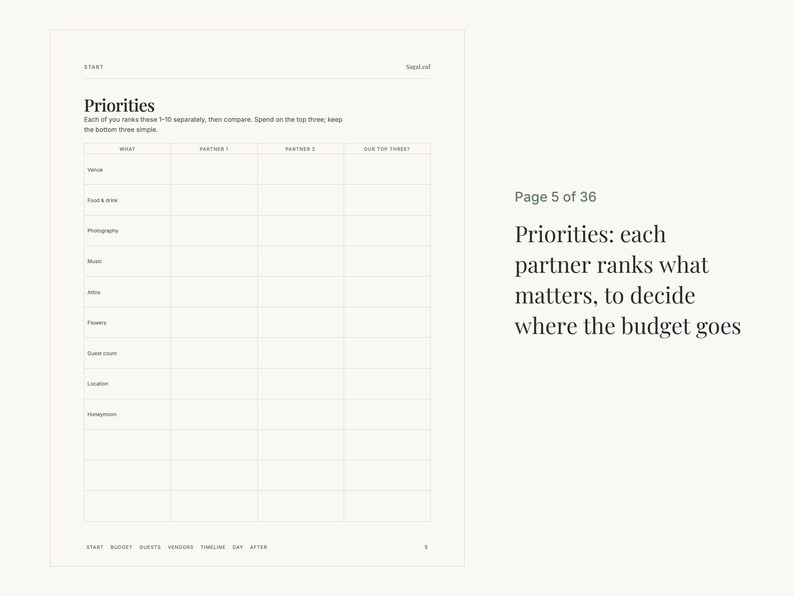 May include: A white planning worksheet titled Priorities with a grid table for ranking items like Venue, Food & Drink, Photography, Music, Attire, Flowers, Guest count, Location, and Honeymoon. The page includes instructions and footer text.