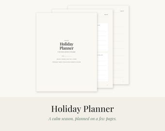 May include: A set of off-white paper sheets for a Holiday Planner. The cover page features the text Holiday Planner, A calm season, planned on a few pages, and Year. Additional pages show lined sections for organising holiday tasks and events.