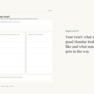 May include: A white planner page titled Your reset with sections for A good Monday morning feels like, What usually makes Mondays hard, My reset, in my own words, and The time I will keep for it each Sunday, with page number 4 of 27 visible.