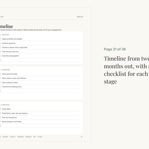 May include: A white page titled Timeline with black text and checkboxes. It features three sections: 12+ months, 9-12 months, and 6-8 months, each containing a list of tasks for wedding planning. The bottom footer includes labels for Start, Budget, Guests, Vendors, Timeline, Day, and After.